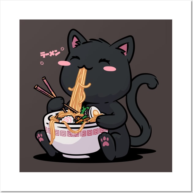 Ramen Cat Kawaii Neko Ramen Bowl Anime Black Cat Wall Art by vo_maria